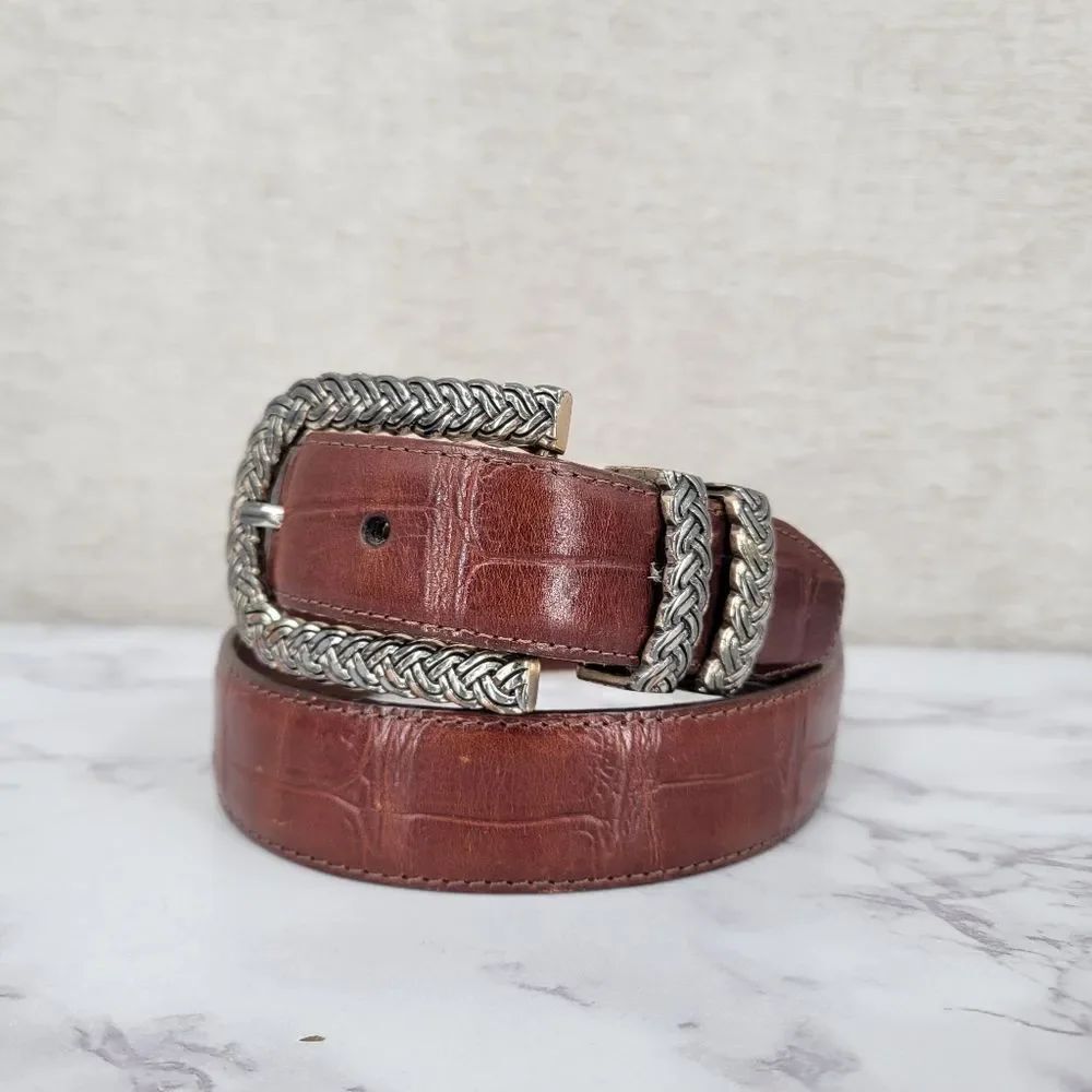 Brighton Vintage Croc EmbossedβBrown Leather Belt with Silver Tone Celtic Buckle
